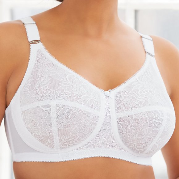 Set Of 3! 42D Glamorise COMFORT LIFT Bra (COTTON-LINED) Wireless LACE WHITE NEW - Picture 4 of 14